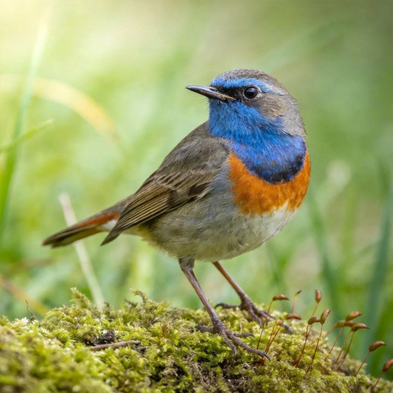 蓝喉歌鸲栖息于苔藓图片