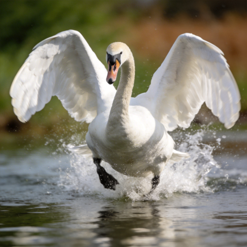 天鹅展翅水面跃图片