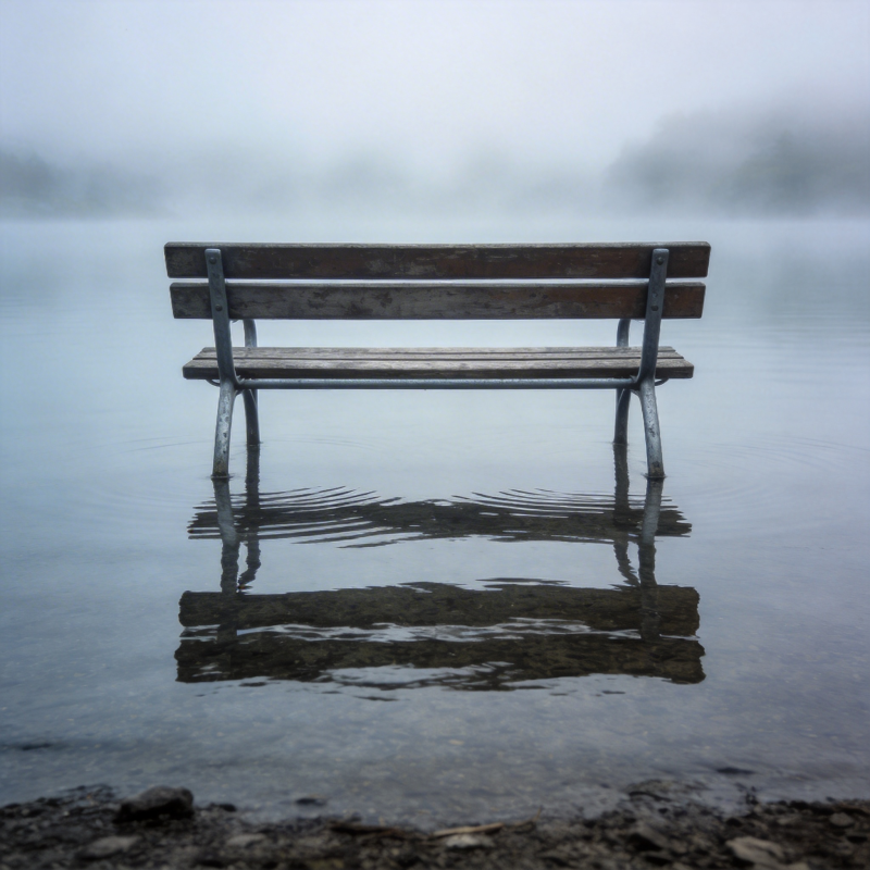 湖畔孤椅 雾中倒影图片