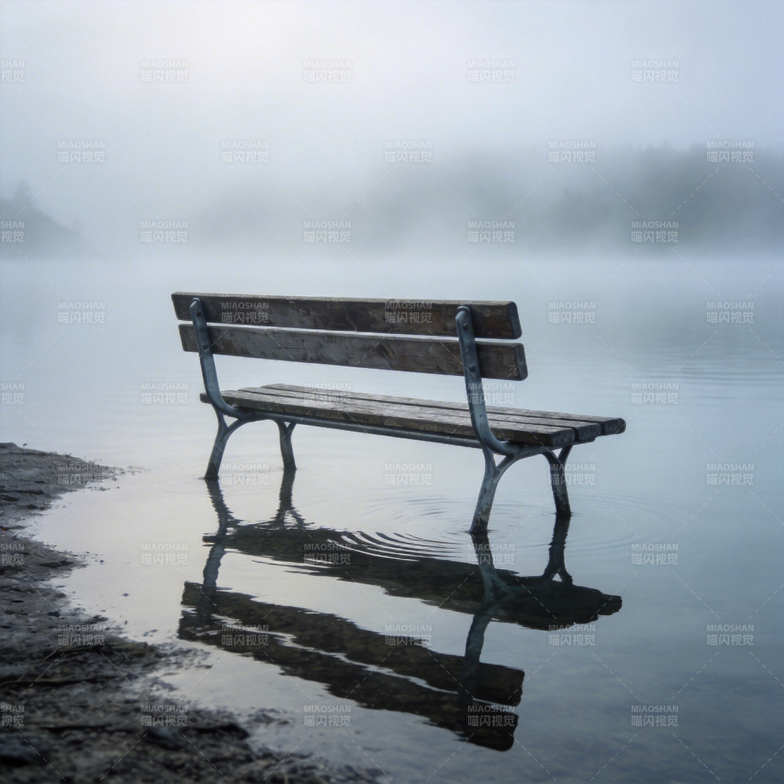 雾湖孤椅影图片