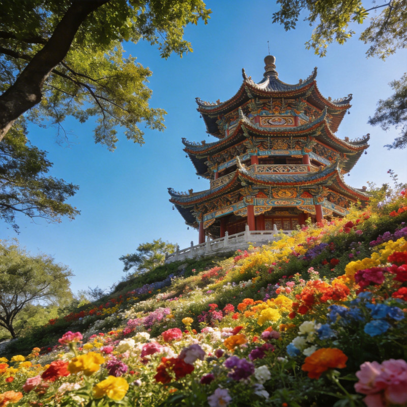 花海中的古塔图片