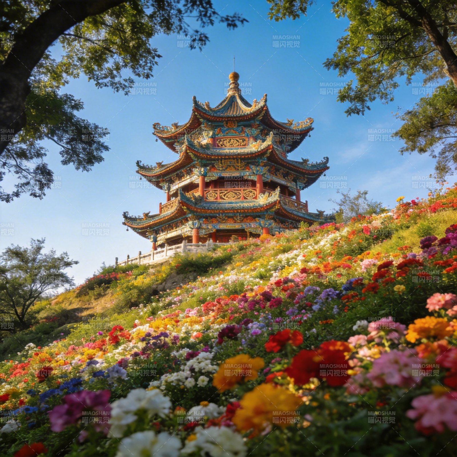 花海中的古塔图片