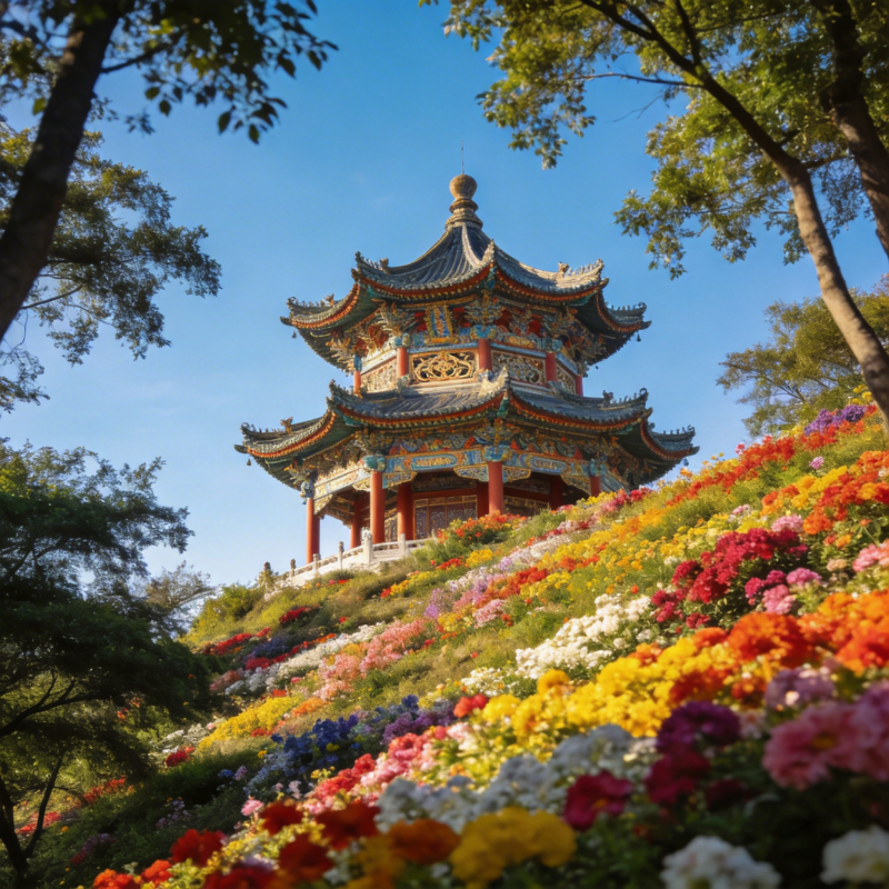 花海中的古亭图片