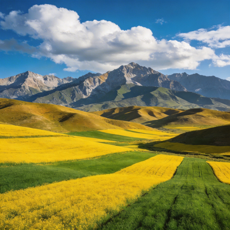 金黄田野映雪山图片