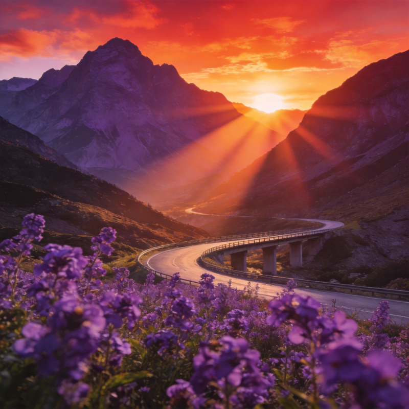 山间日落花路图片