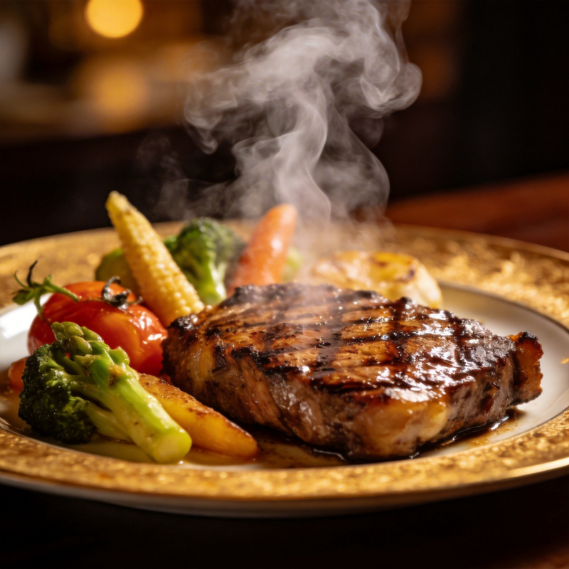 热气腾腾的牛排配菜图片