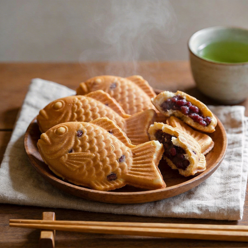鱼形红豆饼配茶图片