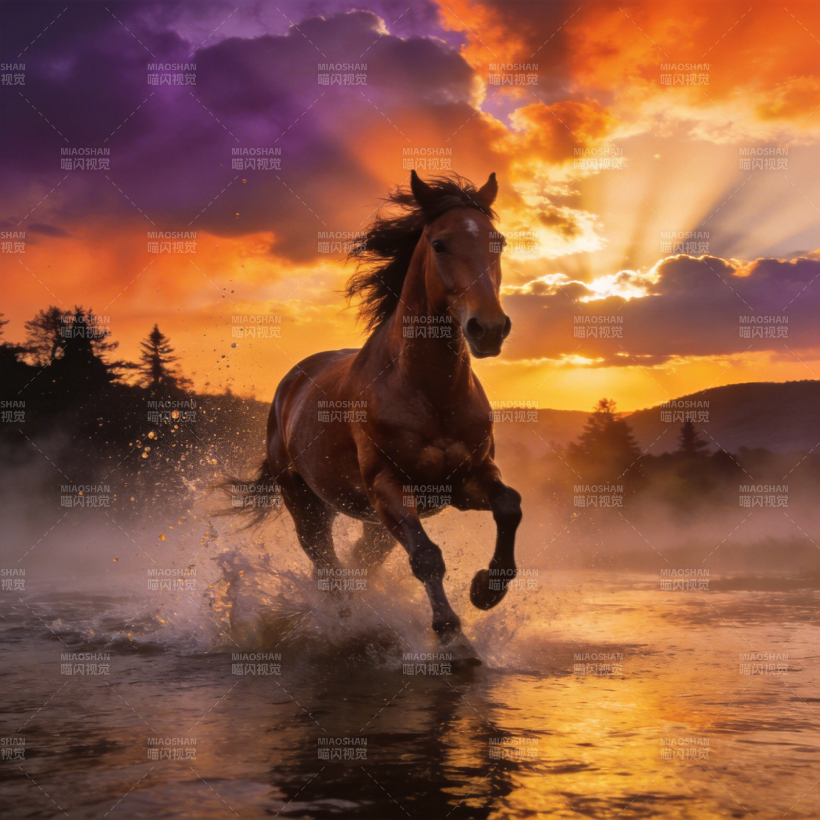 骏马奔腾夕阳下图片