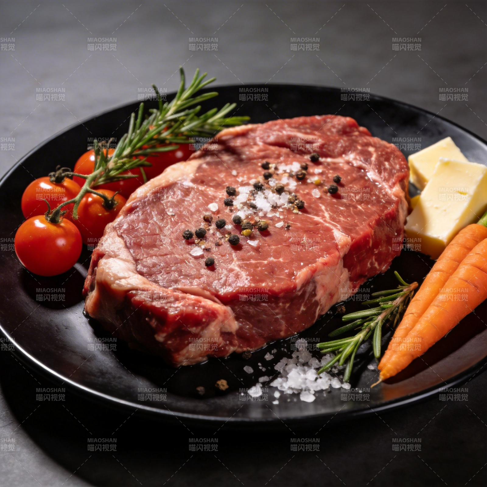 鲜嫩牛排配香料图片