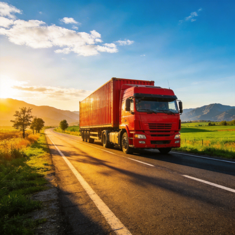 红卡车驰骋乡间路图片