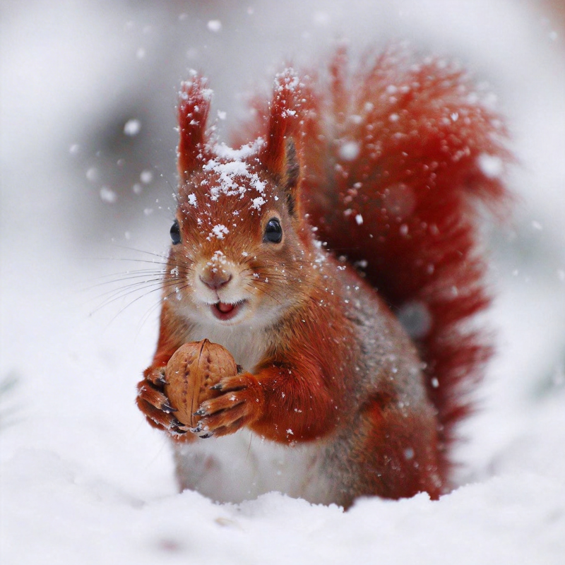 雪中松鼠啃坚果图片