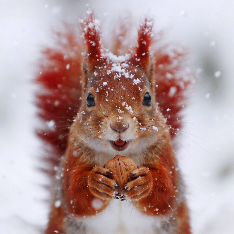 雪中松鼠持坚果图片