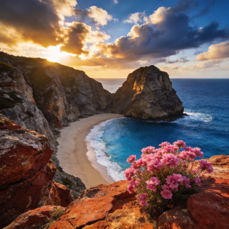 悬崖花海日落图片