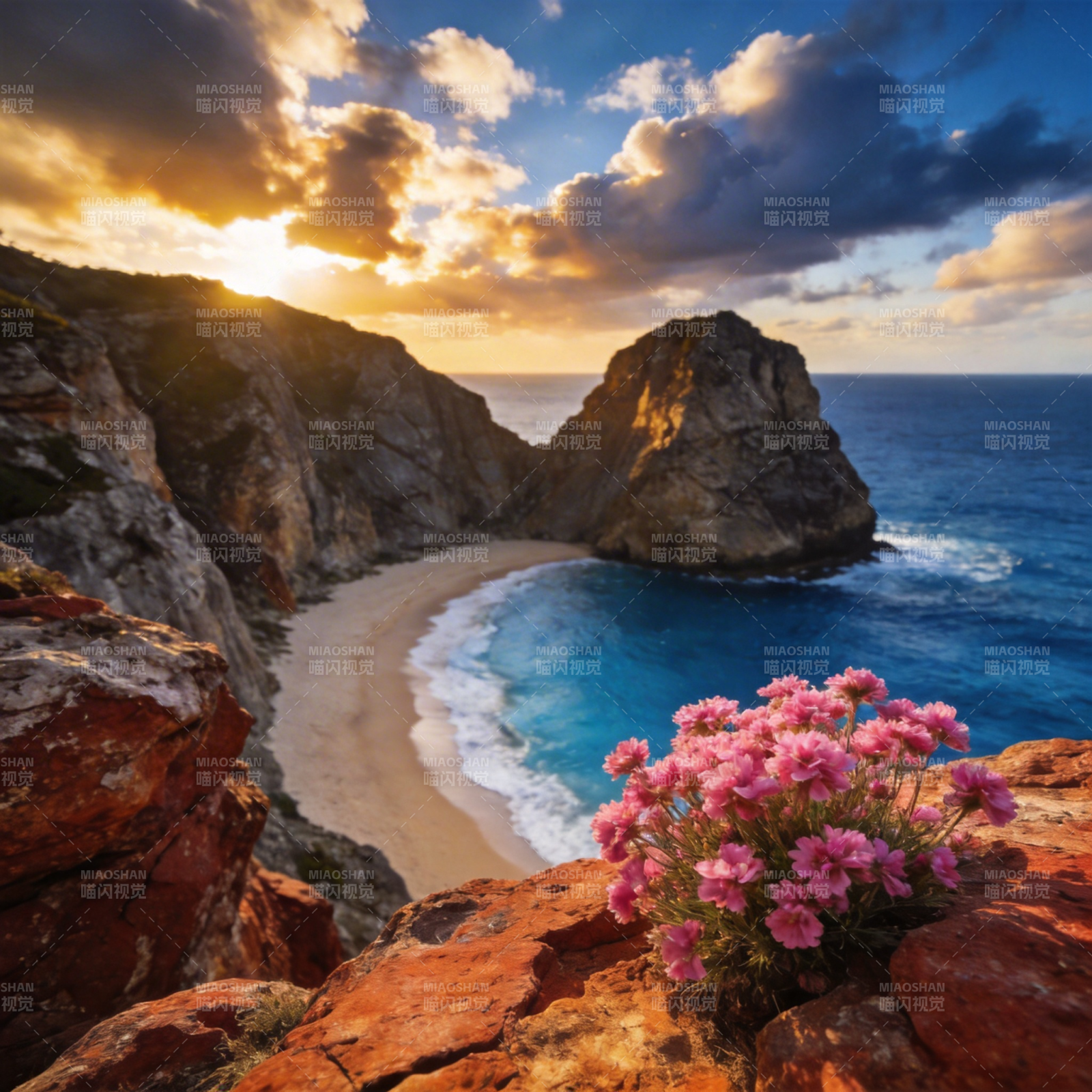 悬崖花海日落图片