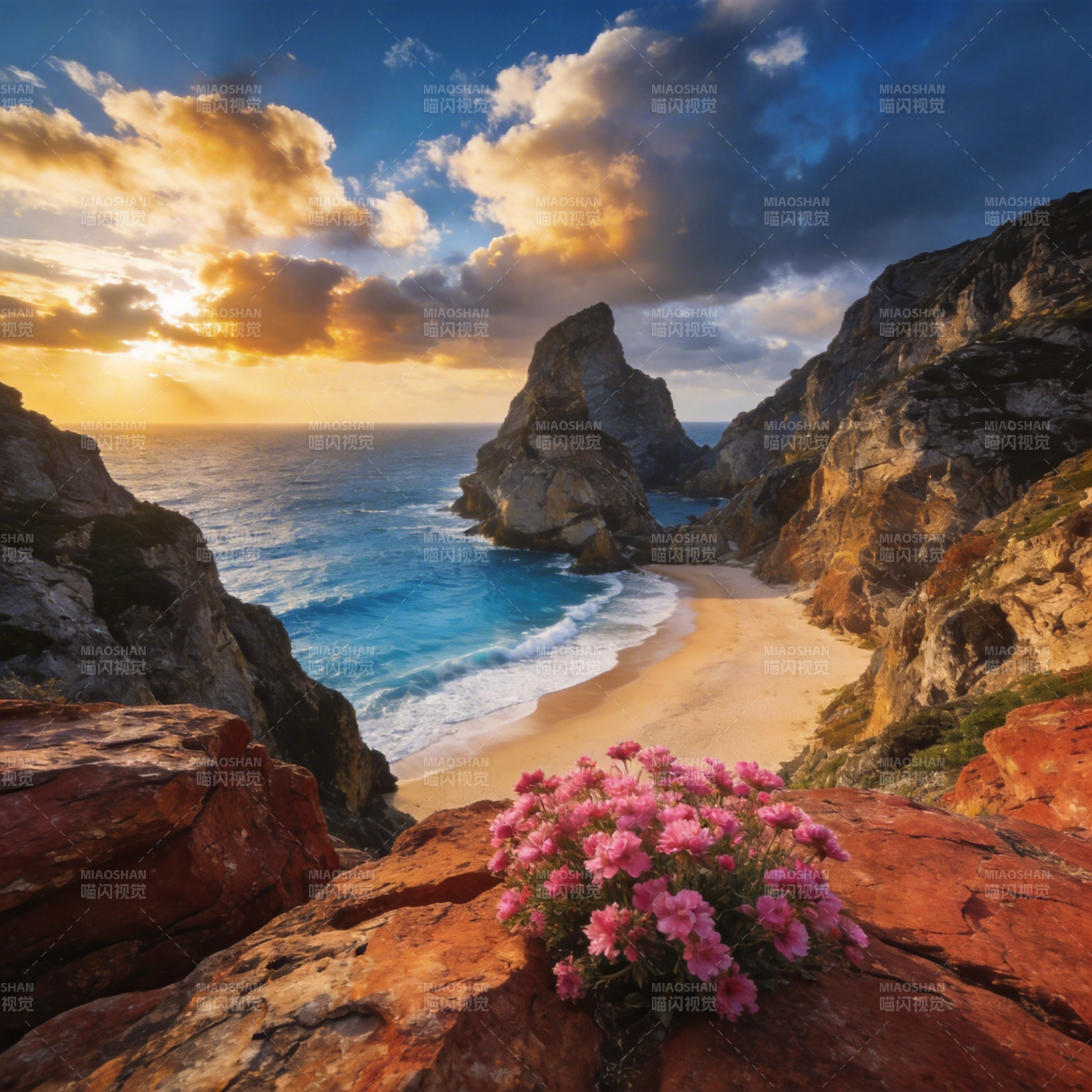悬崖花海日落图片
