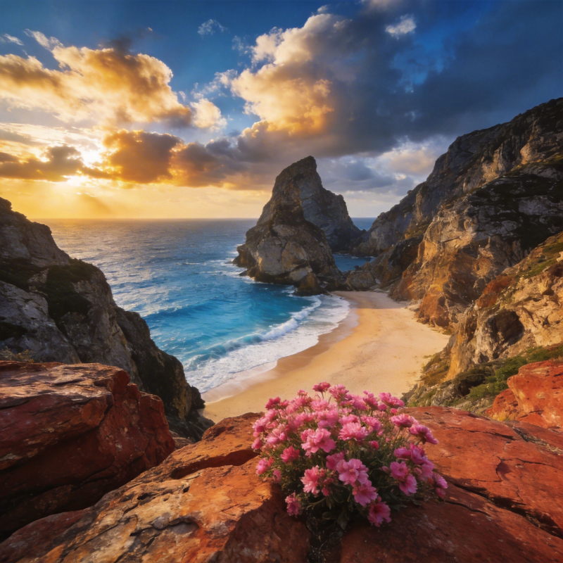 悬崖花海日落图片