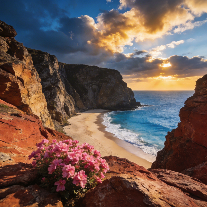 悬崖花海日落图片