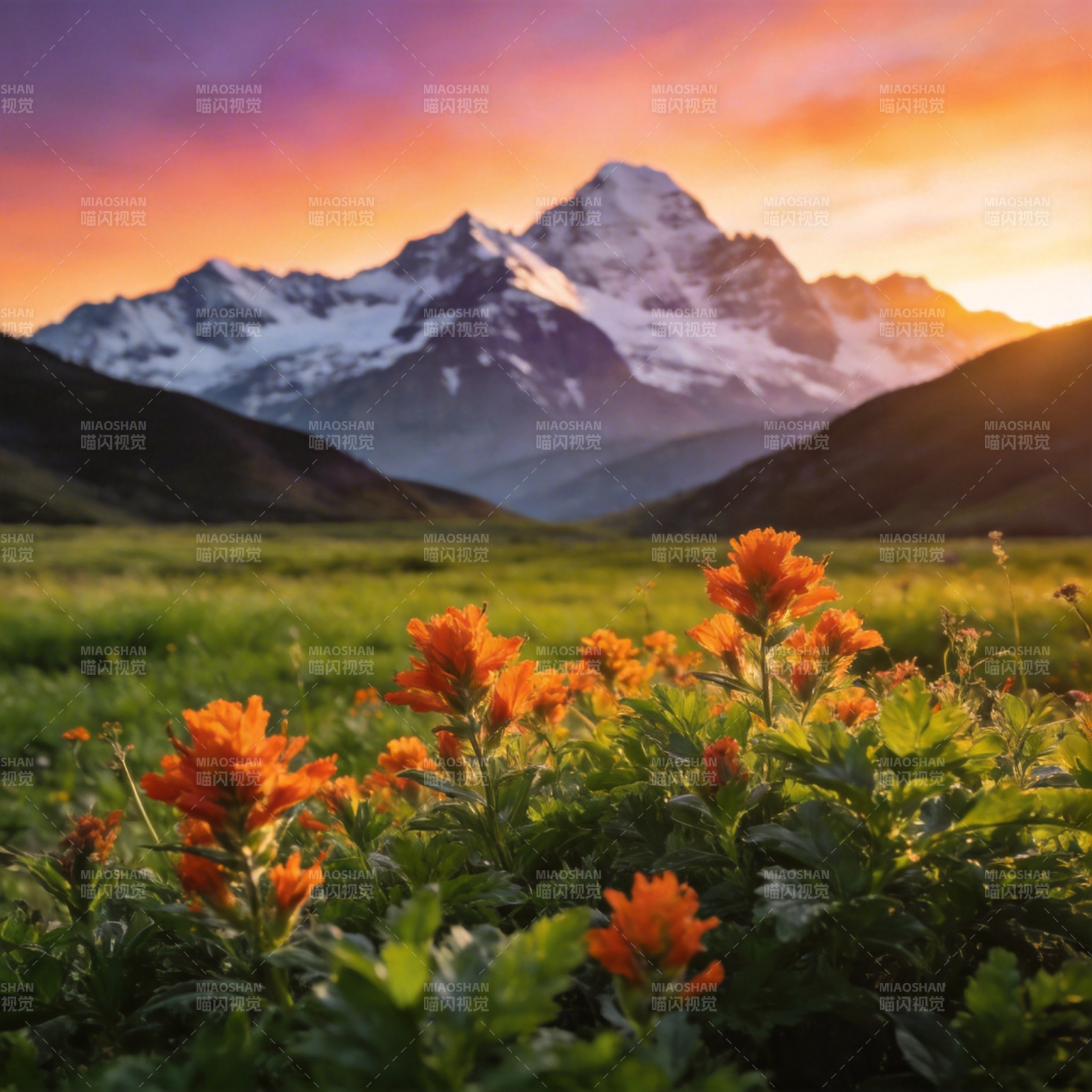雪山花海日出图片