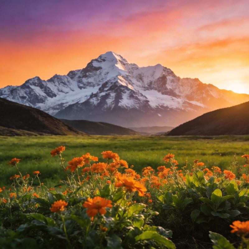 雪山花海日出图片