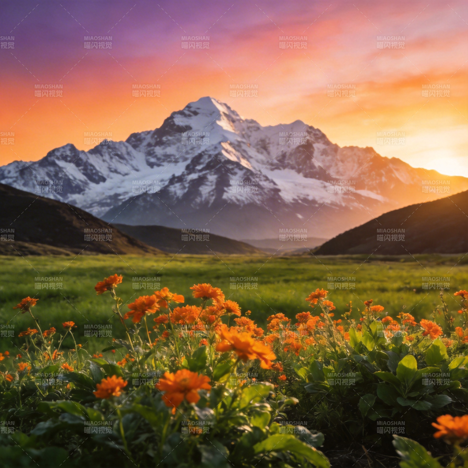 雪山花海日出图片