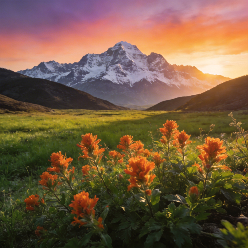 雪山日落花海图片