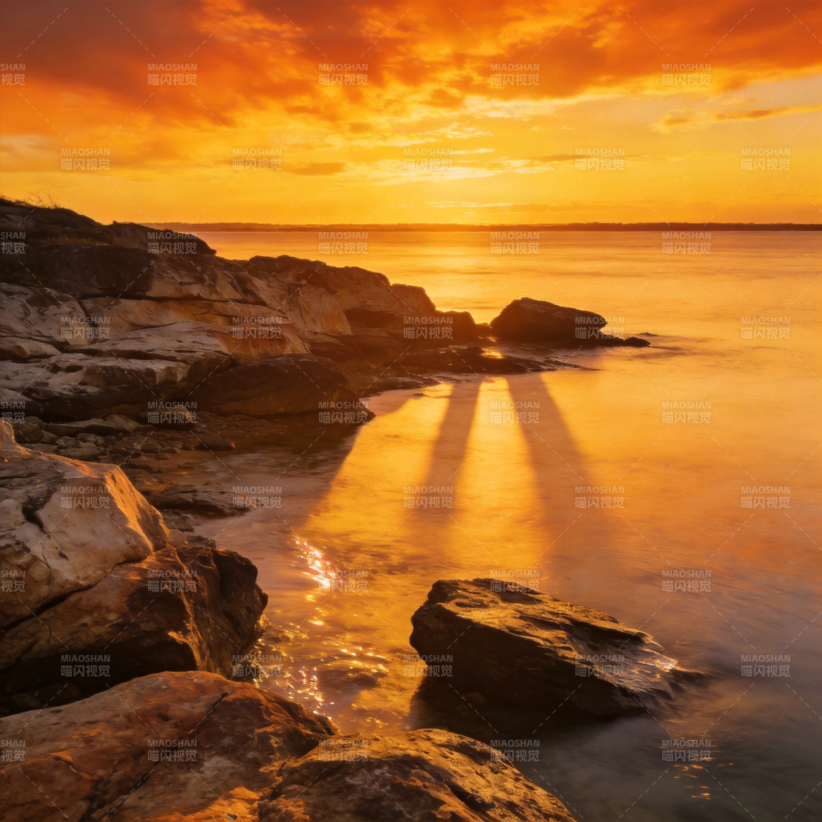夕阳海岩影图片