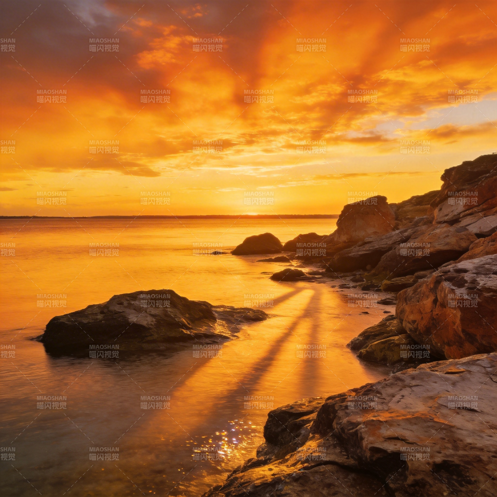 夕阳海岩光影图片