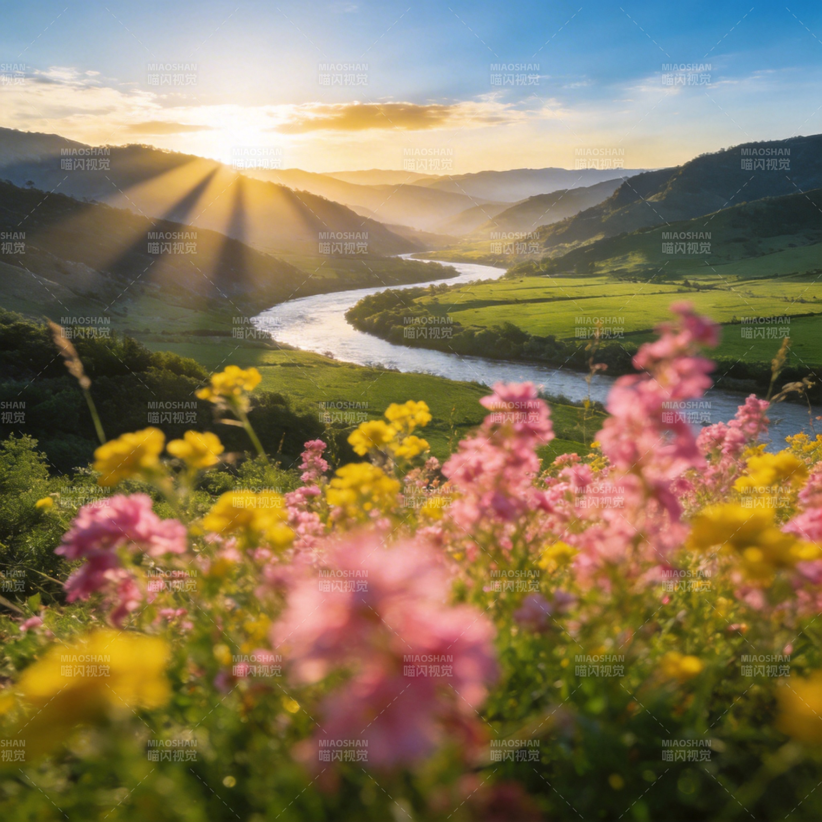 花海夕阳山谷图片
