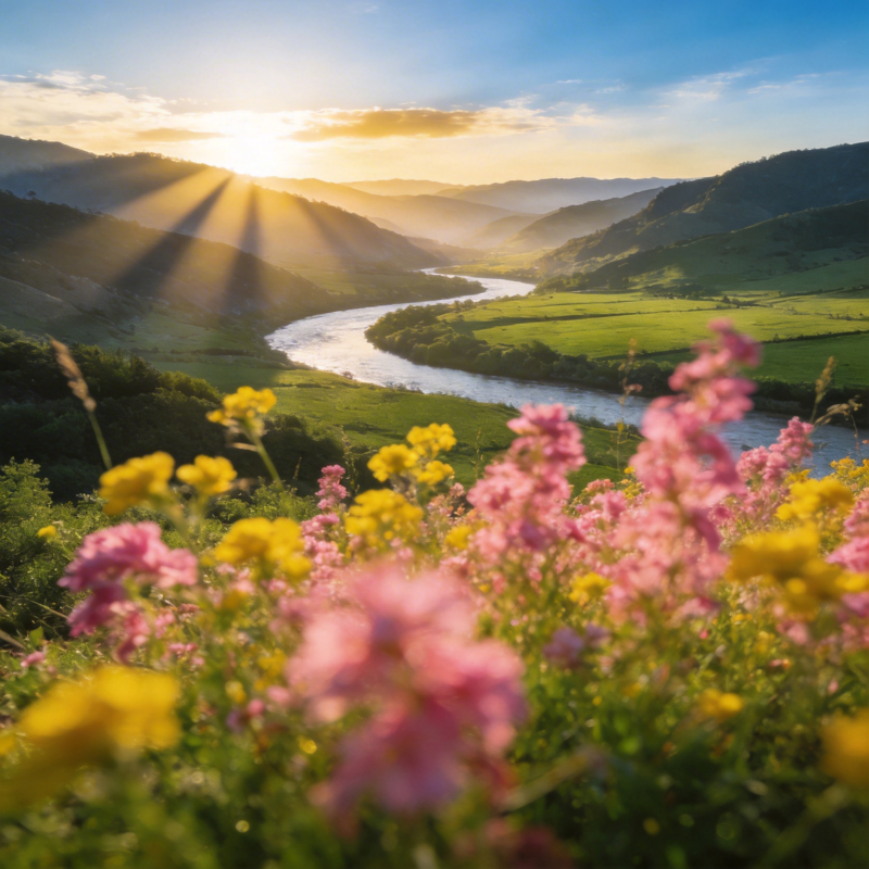 花海夕阳山谷图片