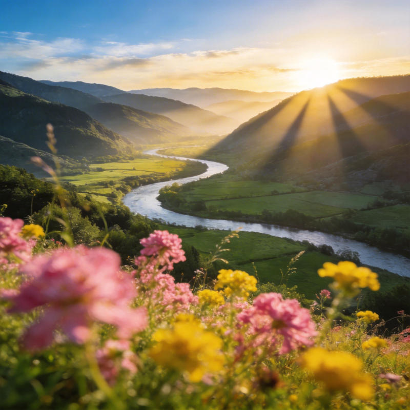 晨曦山谷花海图片