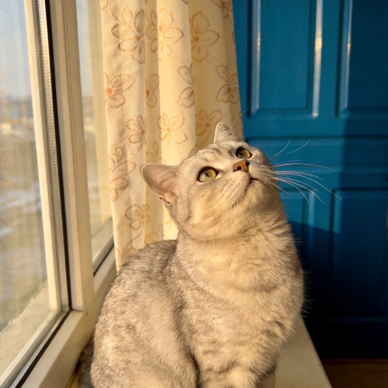 窗边仰望的猫咪图片