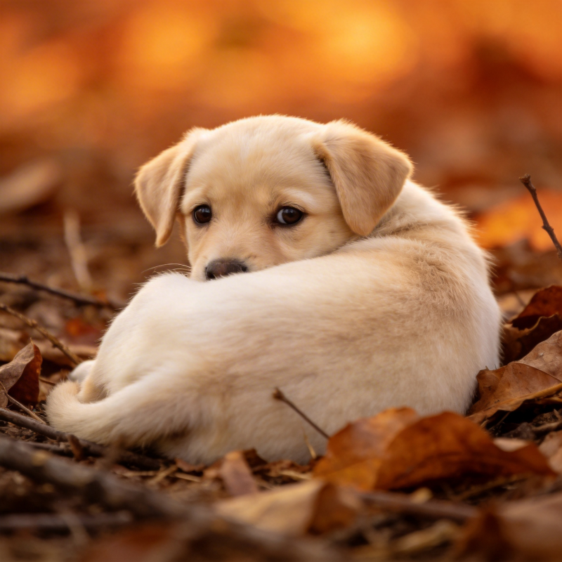 秋叶中的小奶狗图片