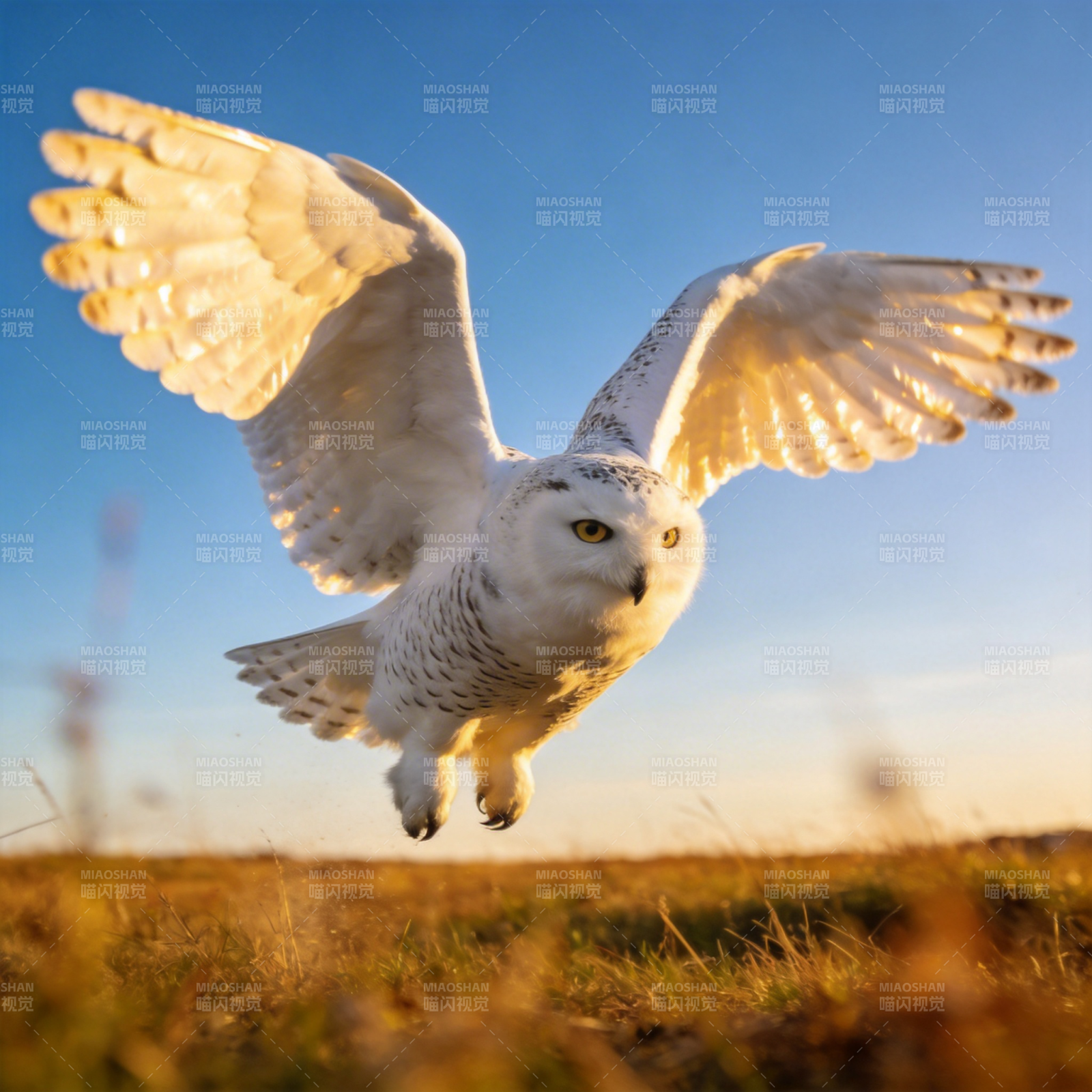 雪鸮翱翔天际图片