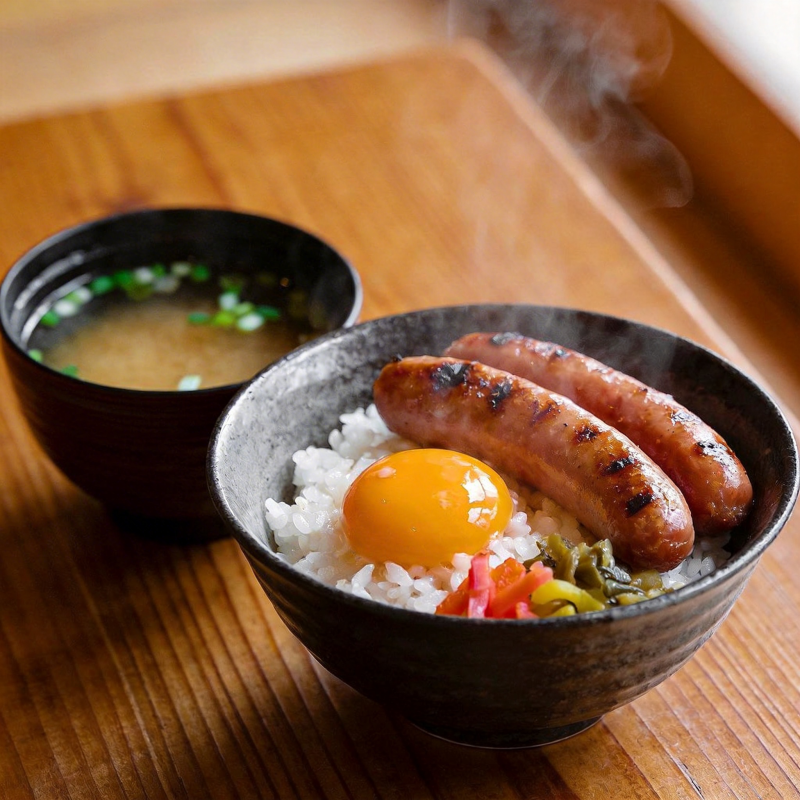日式香肠饭配味噌汤图片
