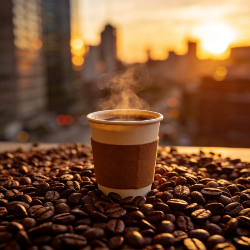 咖啡与城市日落图片