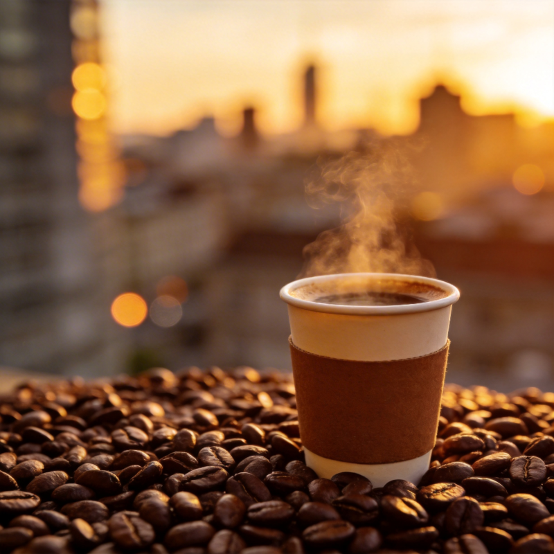 咖啡与城市日落图片