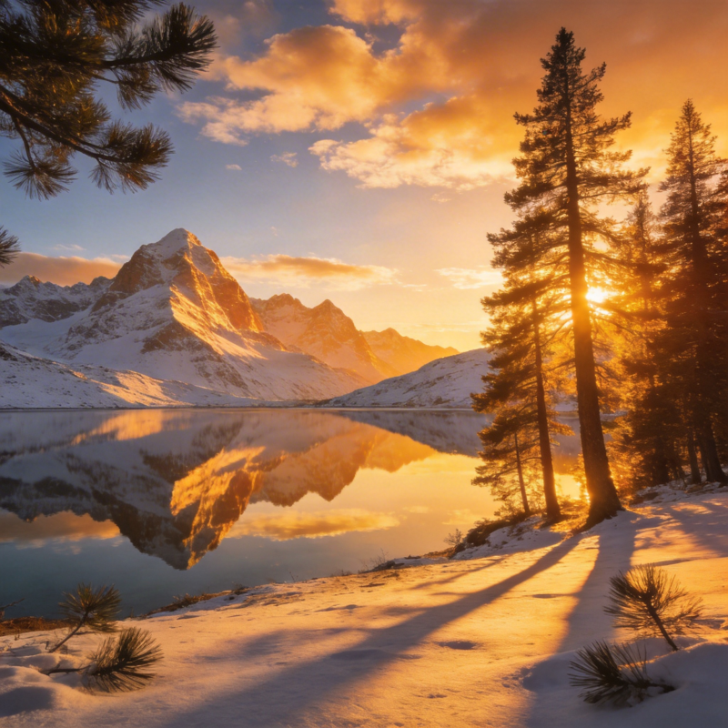 雪峰映湖日出图片