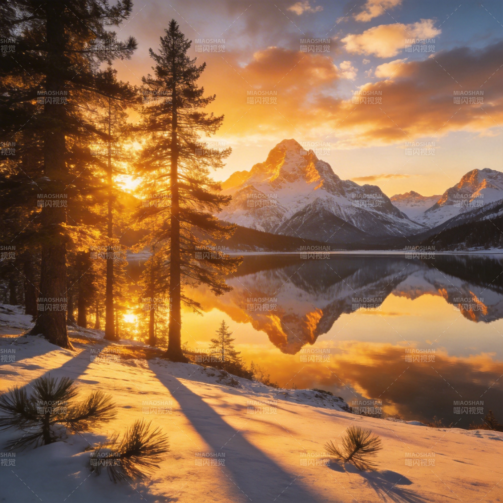 雪湖日出图片