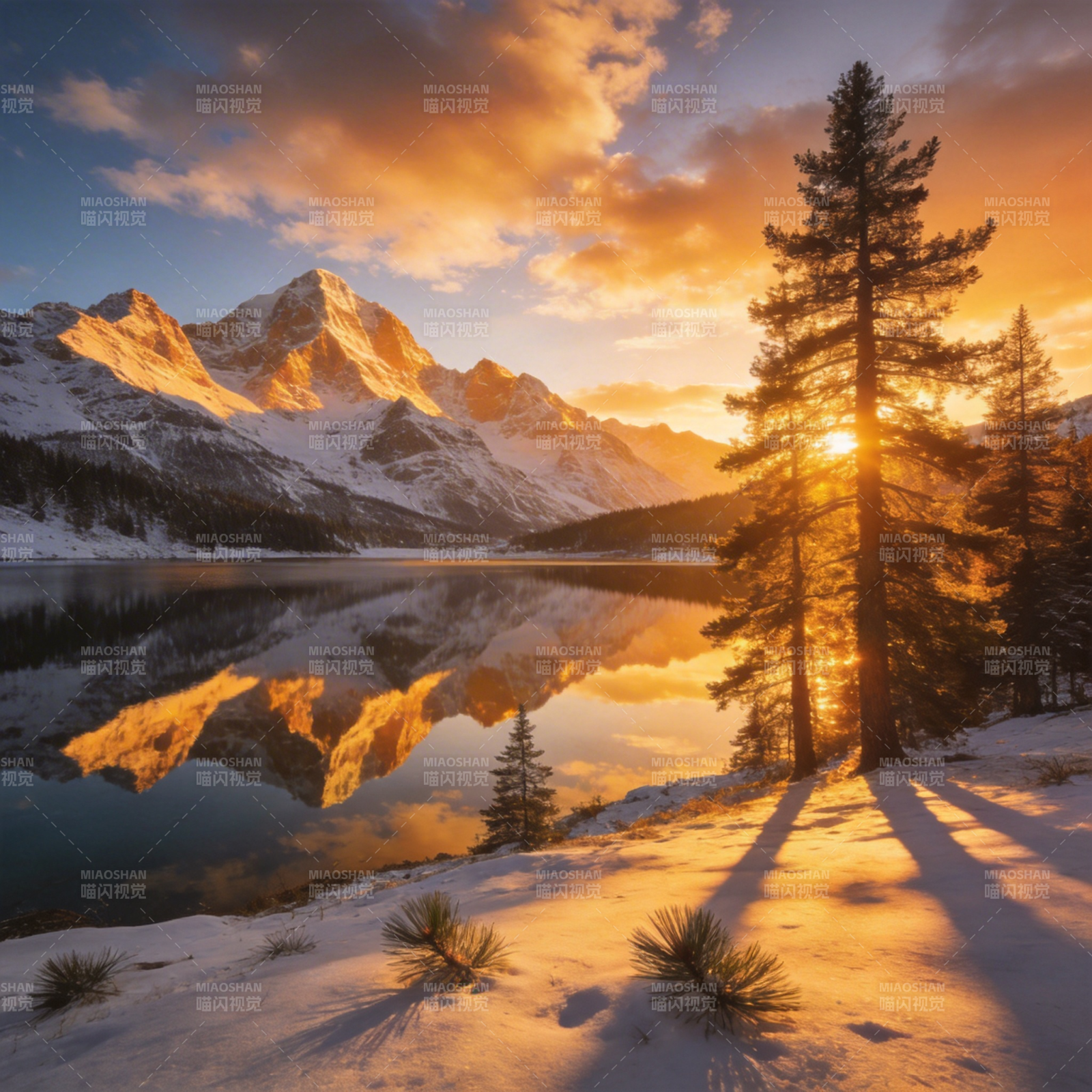 雪峰映湖日出图片