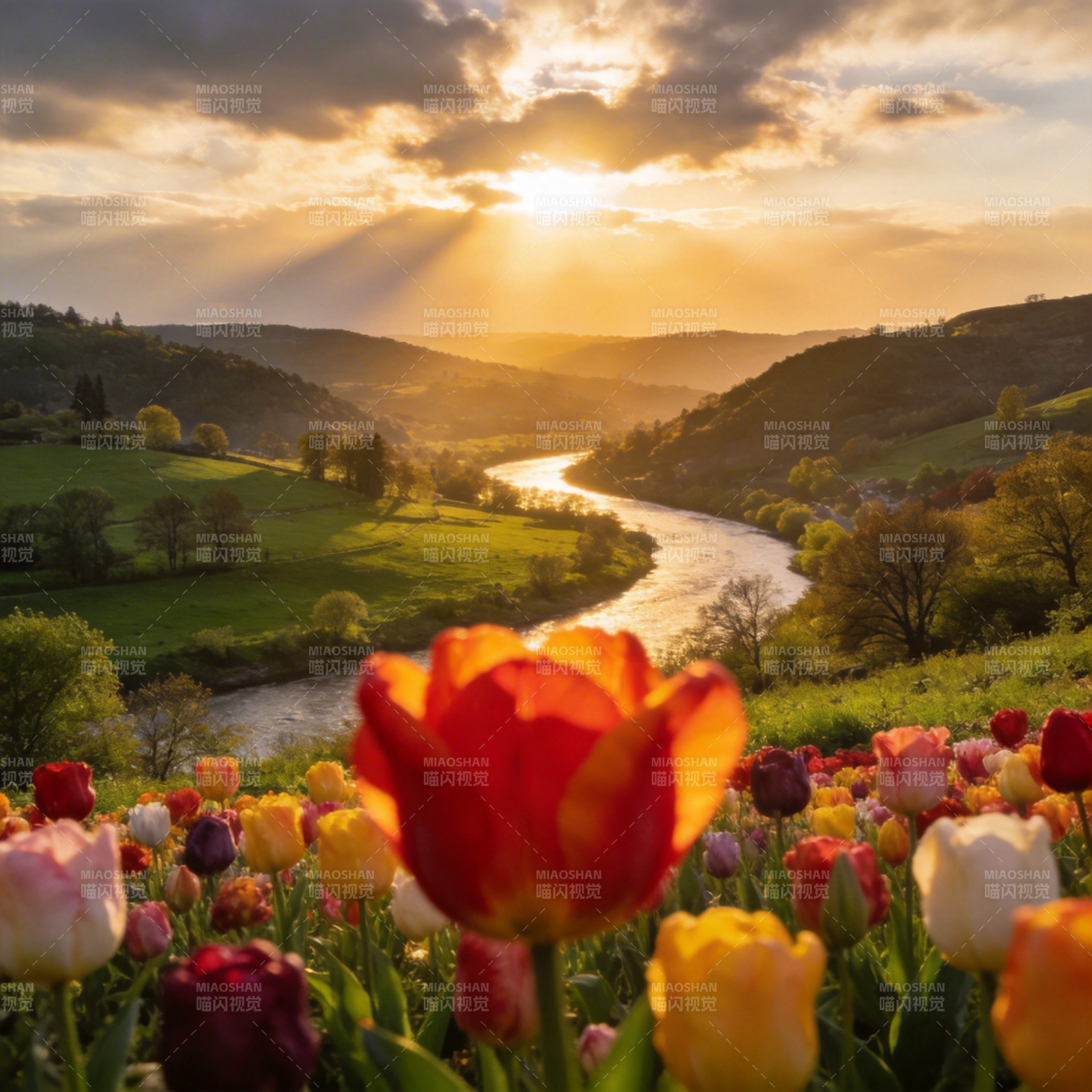 春日花海夕阳图片