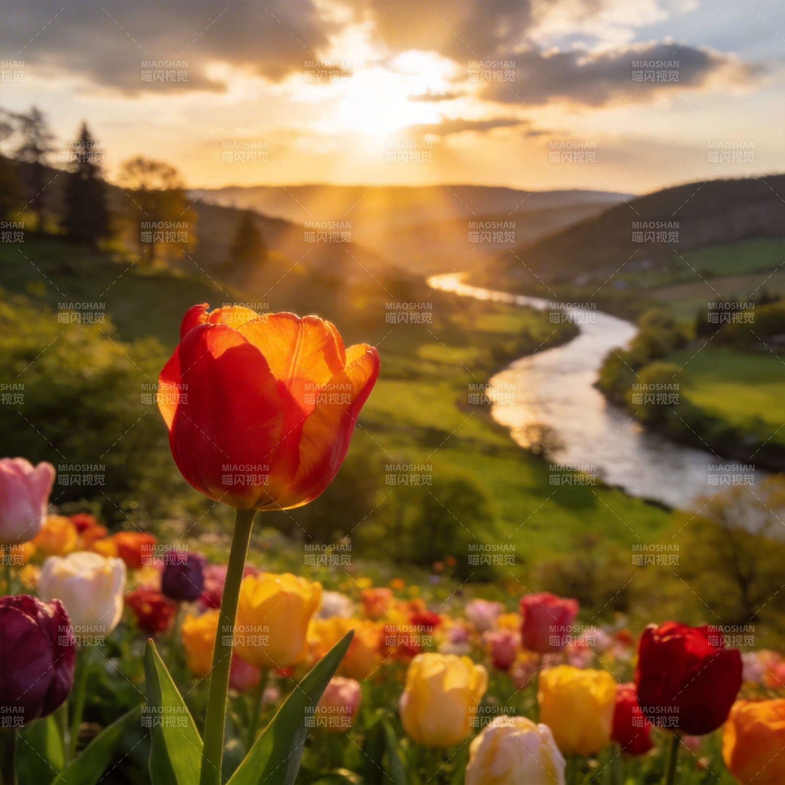 春日花海夕阳图片