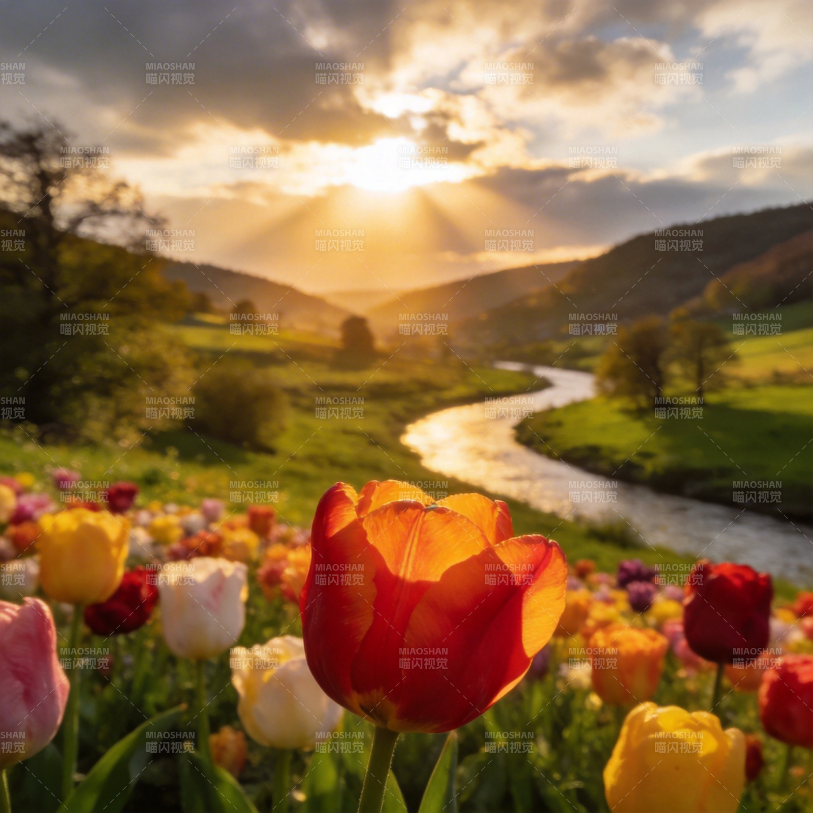 春日花海夕阳图片