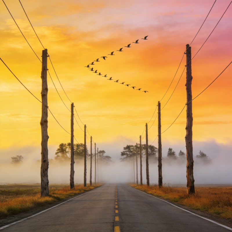 晨雾公路飞鸟图片