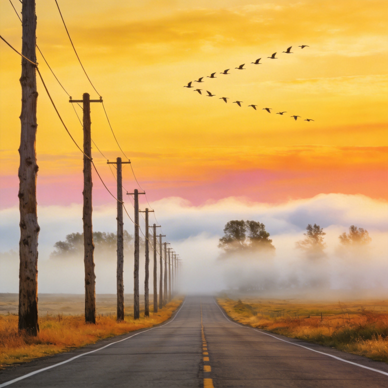 晨雾公路飞鸟图片