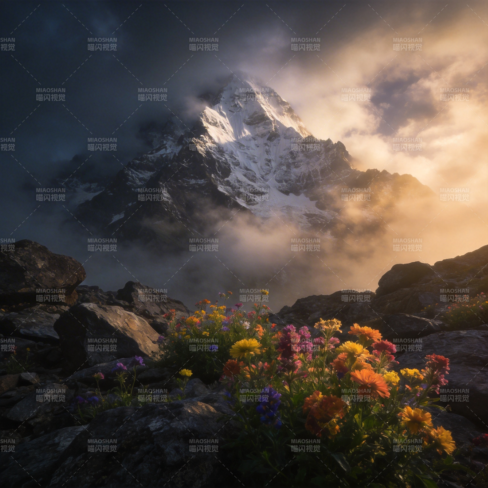 雪山花海晨光图片