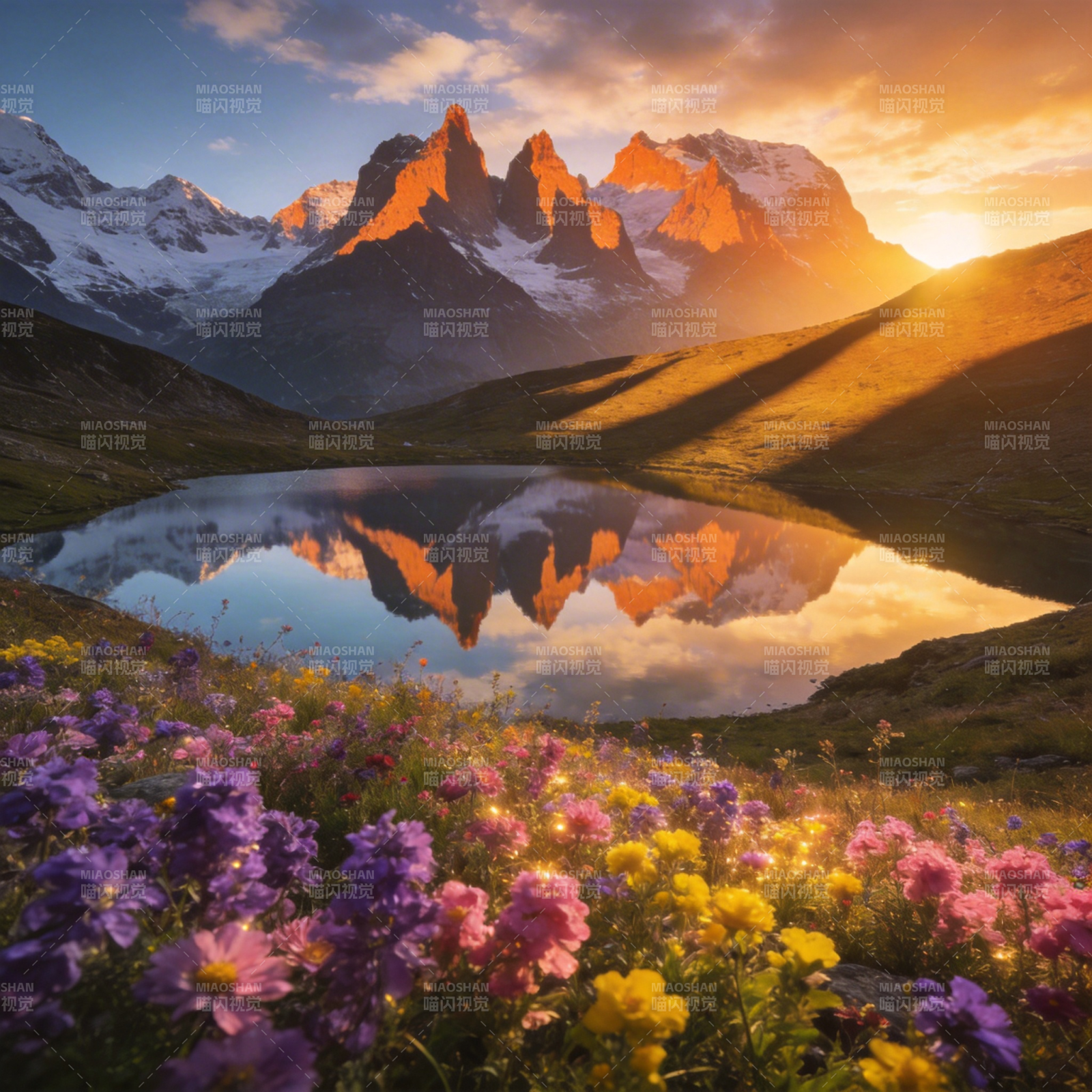 雪山花海映日辉图片