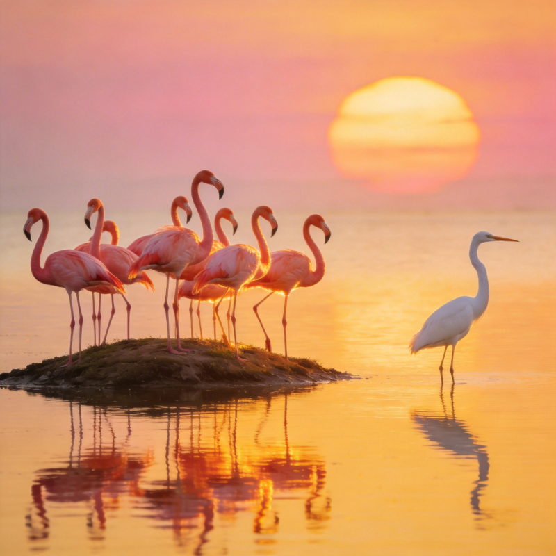 日落群鸟栖水图片