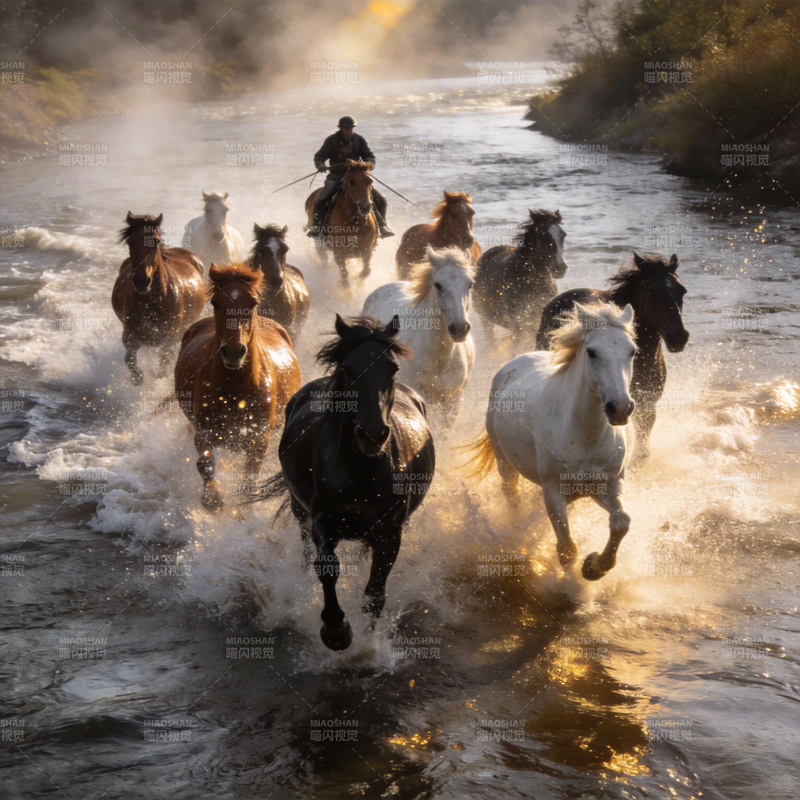骏马奔腾溪流间图片