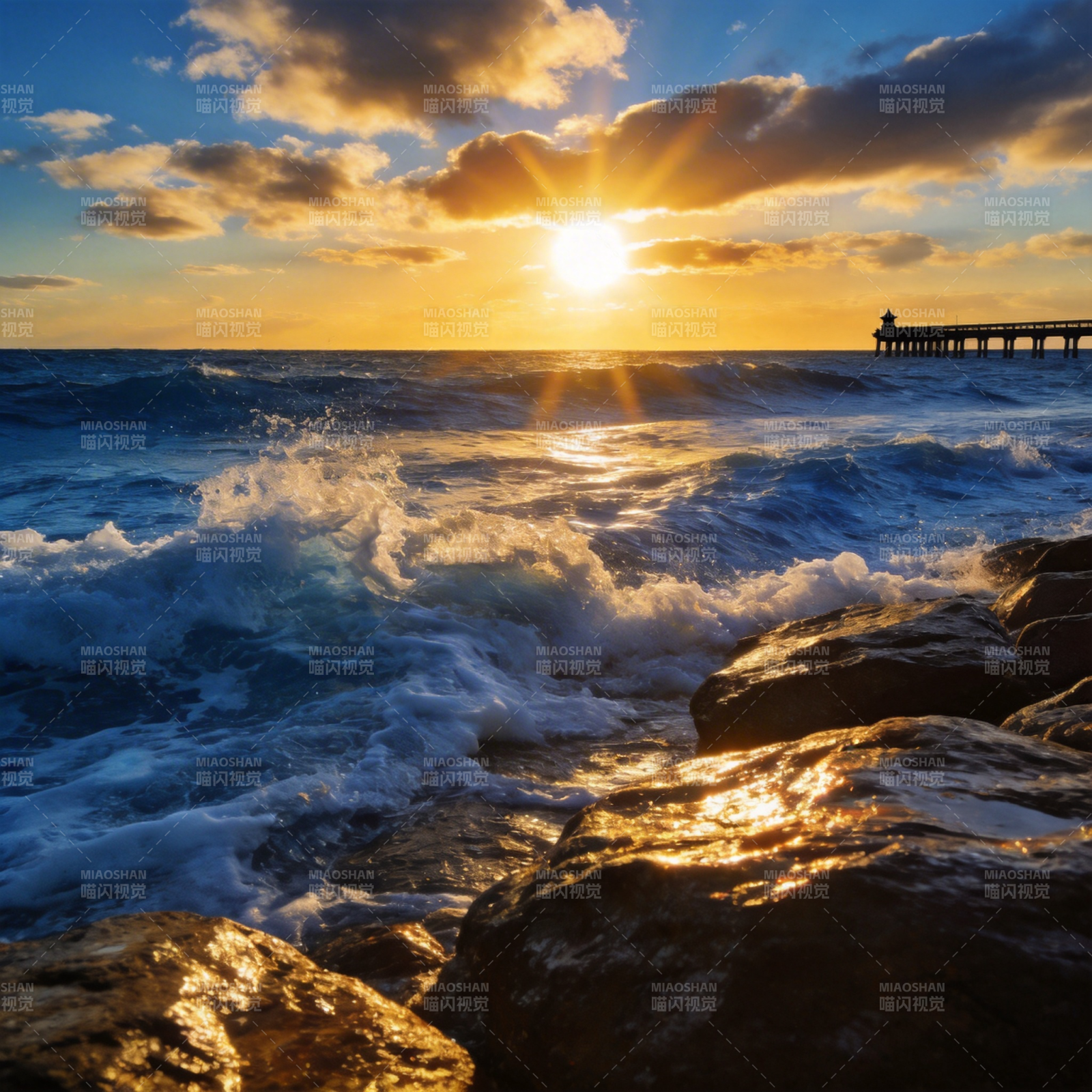 夕阳海浪拍岸图片