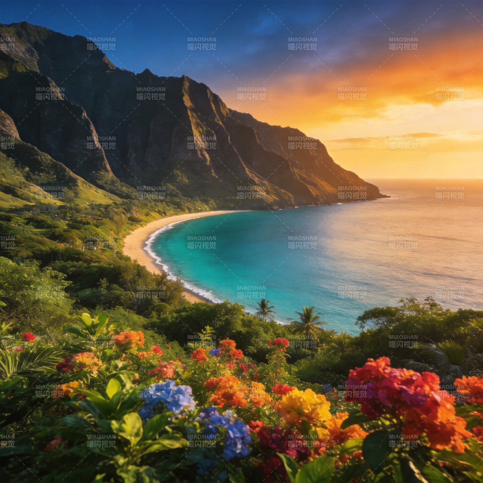 热带海岸夕阳美景图片